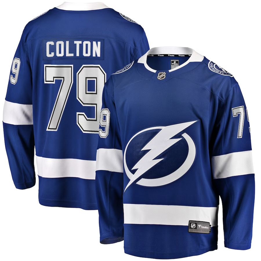 Men Tampa Bay Lightning #79 Ross Colton Fanatics Branded Blue Home Breakaway Player NHL Jersey